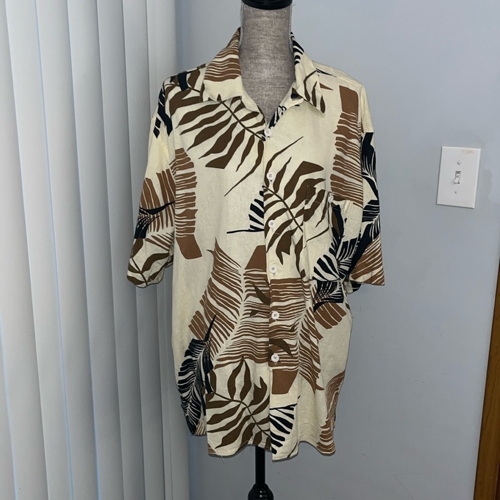 Trust USA Tropical Leaf Size Large Linen Blend excellent condition Beige & black